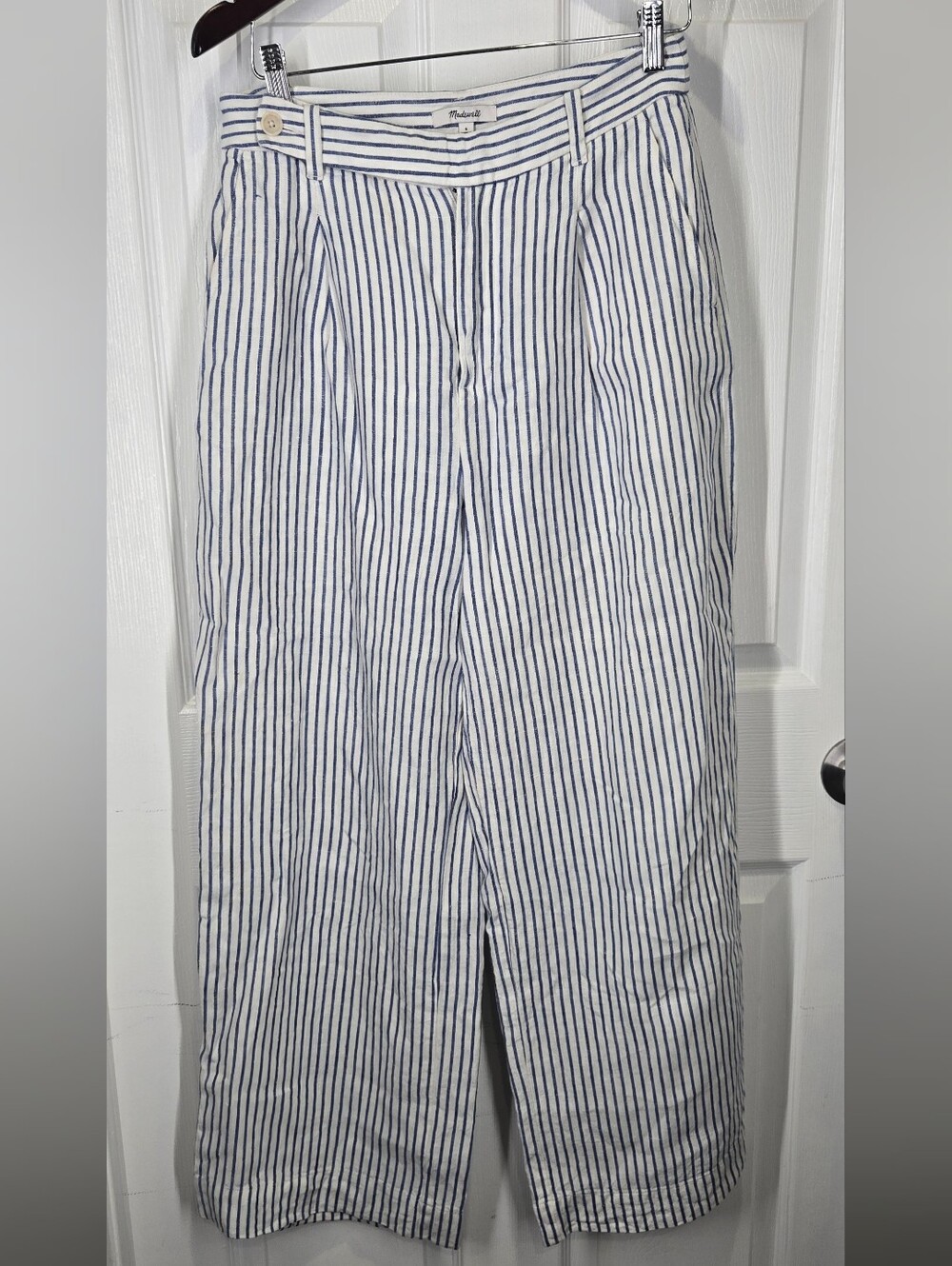Madewell The Harlow Wide-Leg Pant 100% Linen Blue White Stripe Size 6 - Picture 16 of 16
